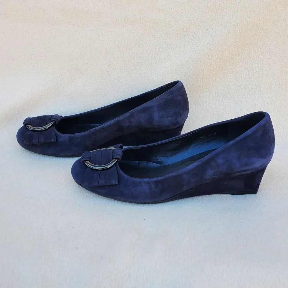 Vaneli blue suede wedges with attached ribbon buckle